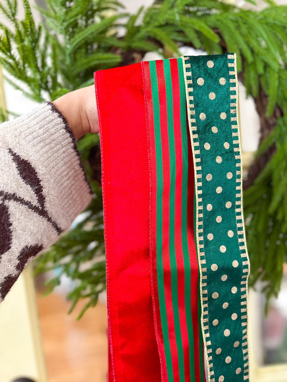 Holly Berry Classic Wreath Ribbon Trio Style