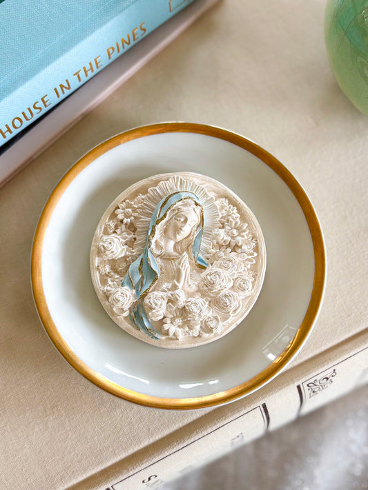 Sculpted Rose-Virgin Mary Gold Rim Plate