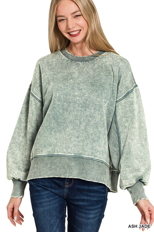 Acid Wash Fleece Oversized Pullover- Ash Jade