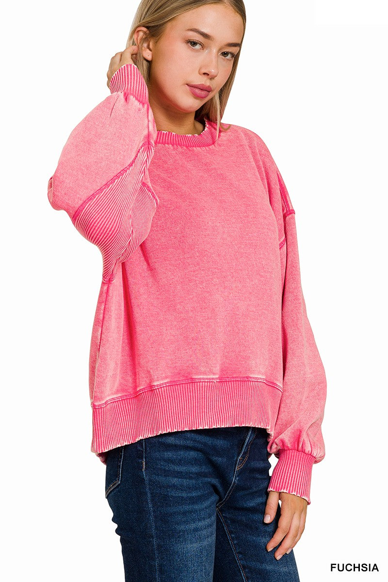 Acid Wash Fleece Oversized Pullover- Fuchsia