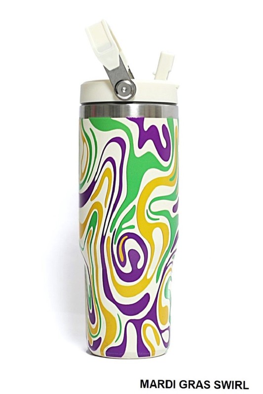 Mardi Gras Swirl Stainless Steel Straw Tumbler