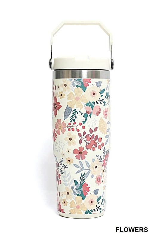 Floral Stainless Steel Straw Tumbler