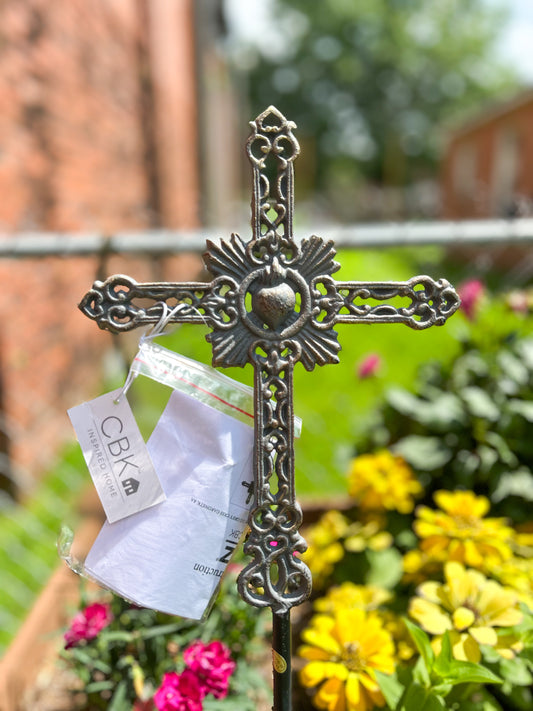 Large Grey with Gold Brush Cross Garden Stake