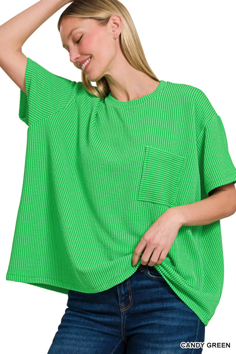 Candy Green Corded Rib Short Sleeve Front Pocket Top