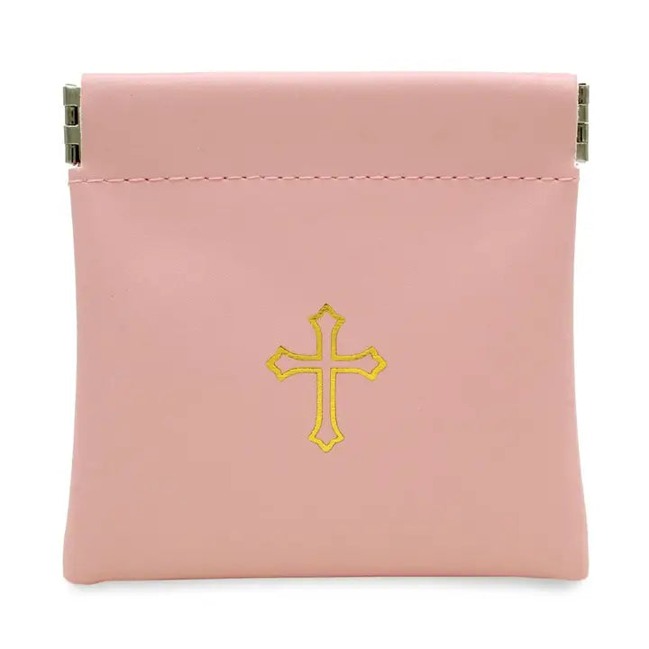 Vinyl Rosary Pouch Squeeze Top Gold Cross Imprint (Multiple Options)