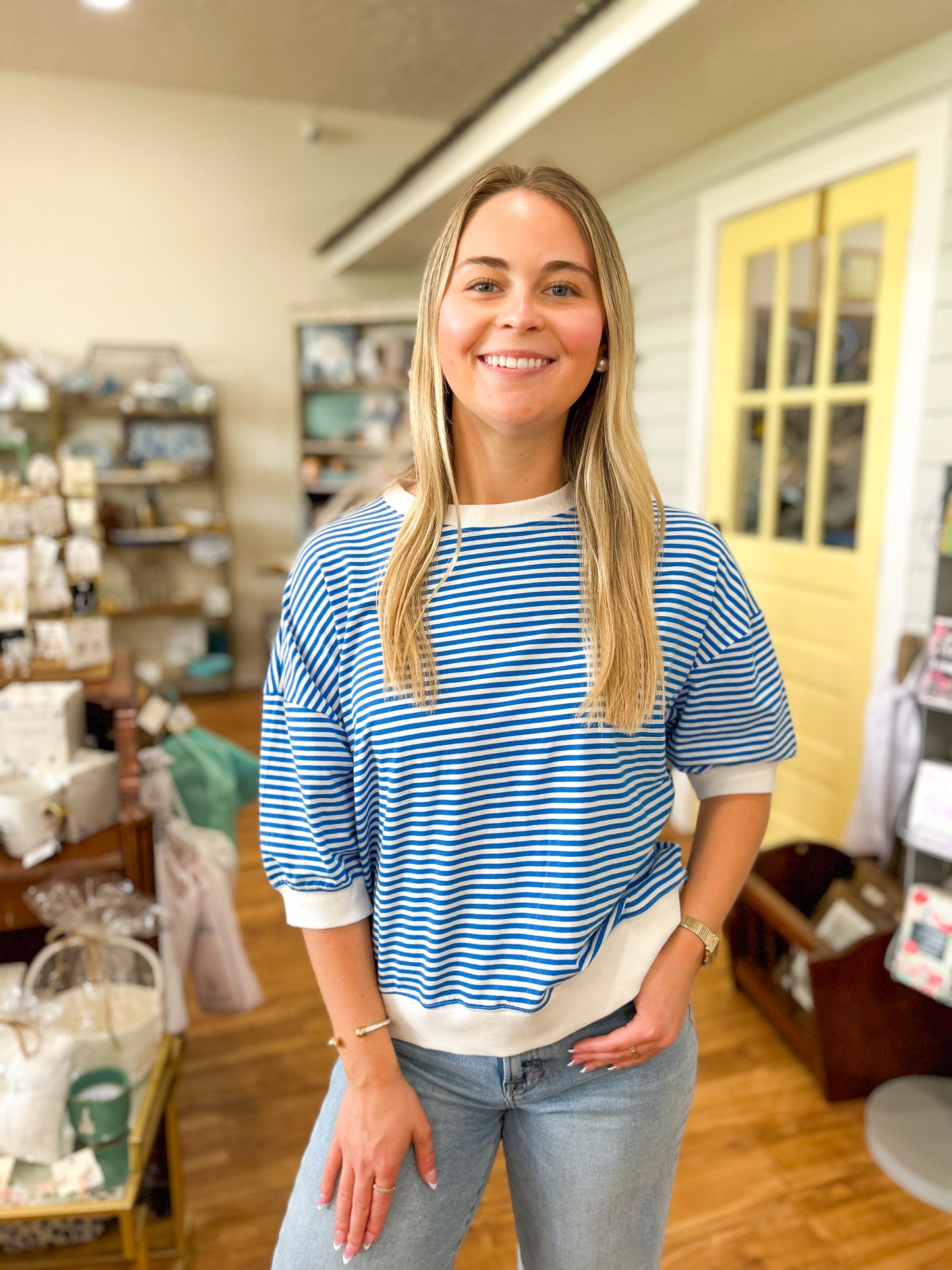 Striped Contrast Trim Banded Bottom Top- Ocean Blue