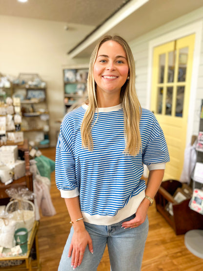 Striped Contrast Trim Banded Bottom Top- Ocean Blue