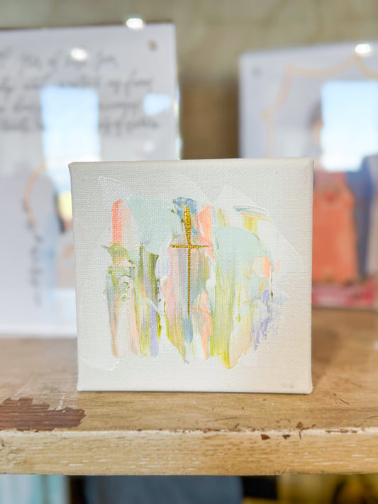 4x4 Gold Cross with Pastel Background Accents — Hand-Painted Art