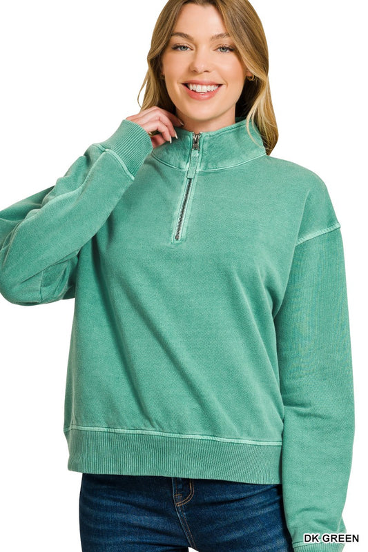 F/terry Pigment Dye Washed Half Zip Top- Hunter Green