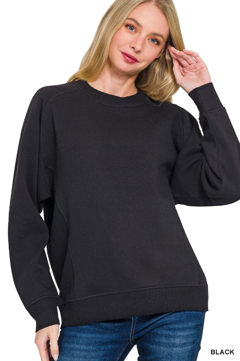 Black- Fleece Round Neck Ribbed Side Raglan Sweatshirt