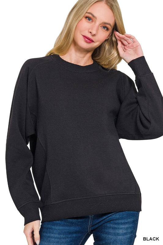 Black- Fleece Round Neck Ribbed Side Raglan Sweatshirt