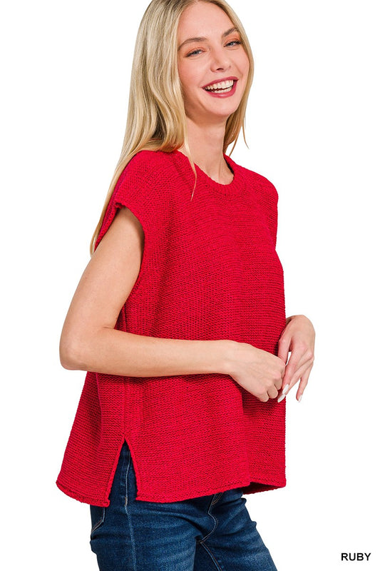 Oversized Crew Neck Sweater Vest-Ruby