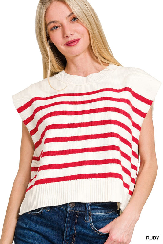 Oversized Crew Neck Stripe Sweater Vest- Red/White