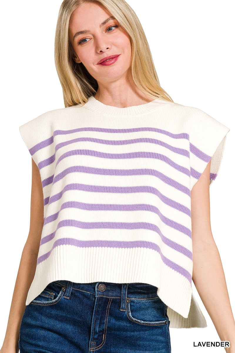 Lavender Oversized Crew Neck Stripe Sweater Vest