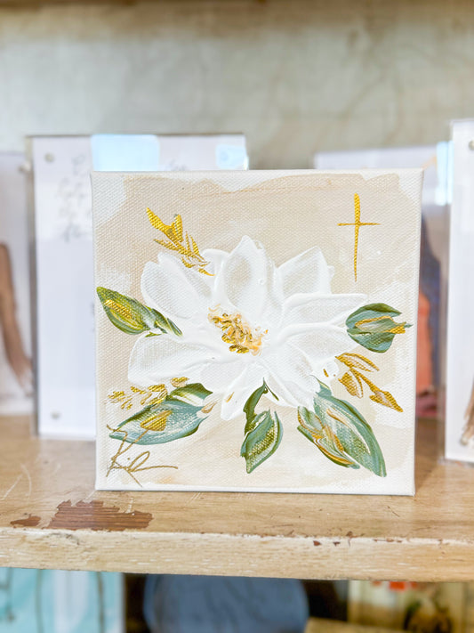6x6 White Magnolia with Gold & Green Accents Beige — Hand-Painted Art