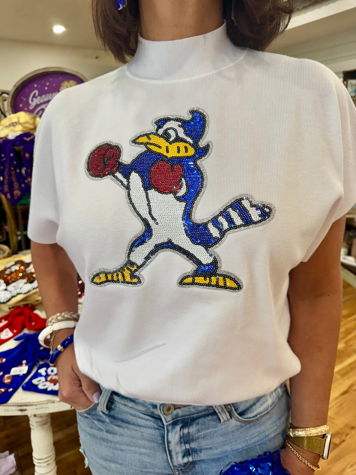 White Short Sleeve Blue Jay Sweater