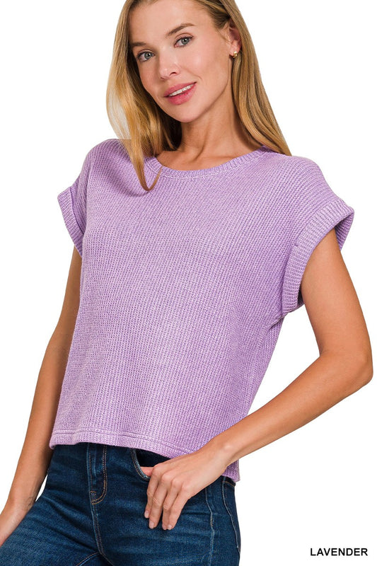 Short Sleeve Crew Neck Sweater - Lavender