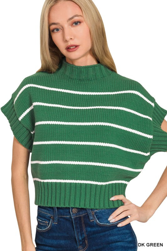 Striped Mock Neck Sweater-DK Green