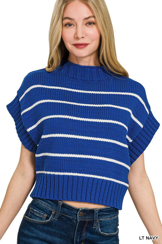 Striped Cropped Mock Neck Sweater-Royal Blue