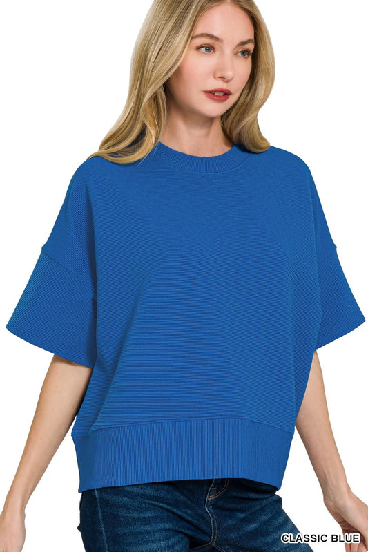 Ribbed Round Neck Waist Banded Tee Shirts-Royal Blue