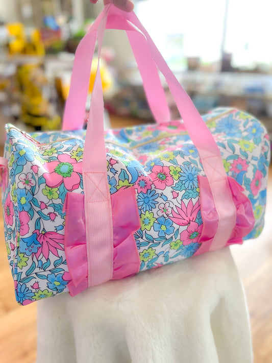 Pink Ruffle Band Floral Women Duffle Bag