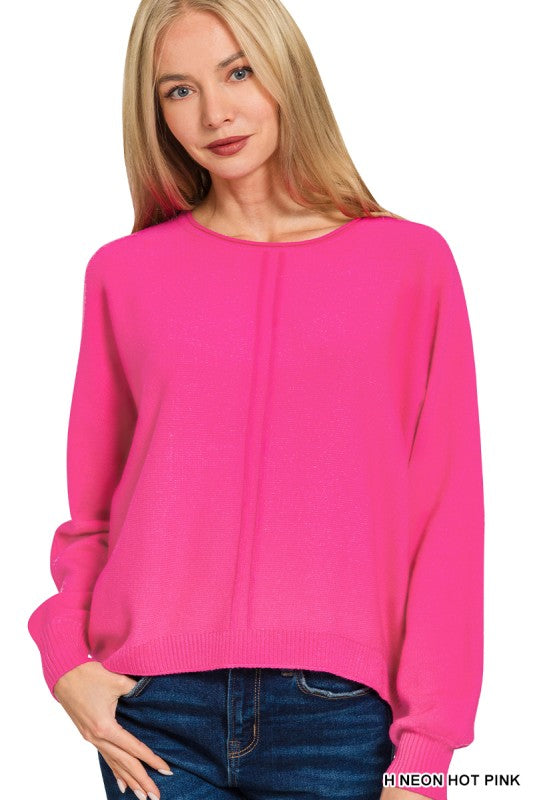 Viscose Front Seam Round-Neck Sweater-Neon Pink