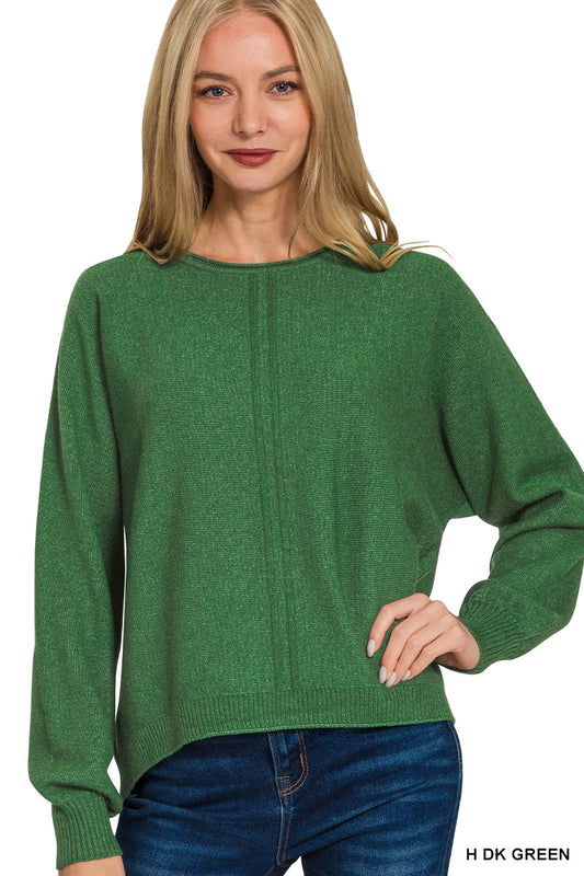 Viscose Front Seam Round-Neck Sweater-Dark Green