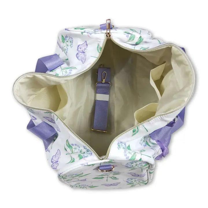 Lavender Ruffle Band Floral Butterfly Women Duffle Bag