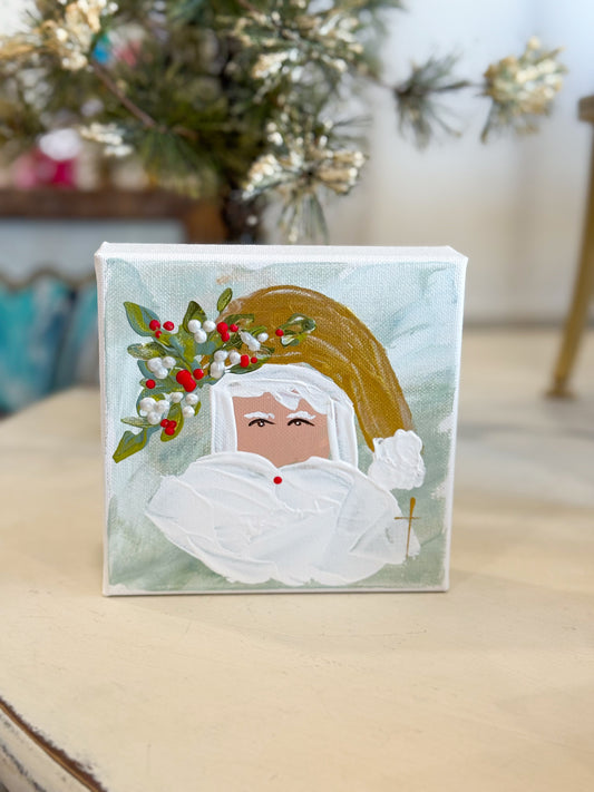 6x6 Gold Hat Vintage Santa with Blue/Green— Hand-Painted Art