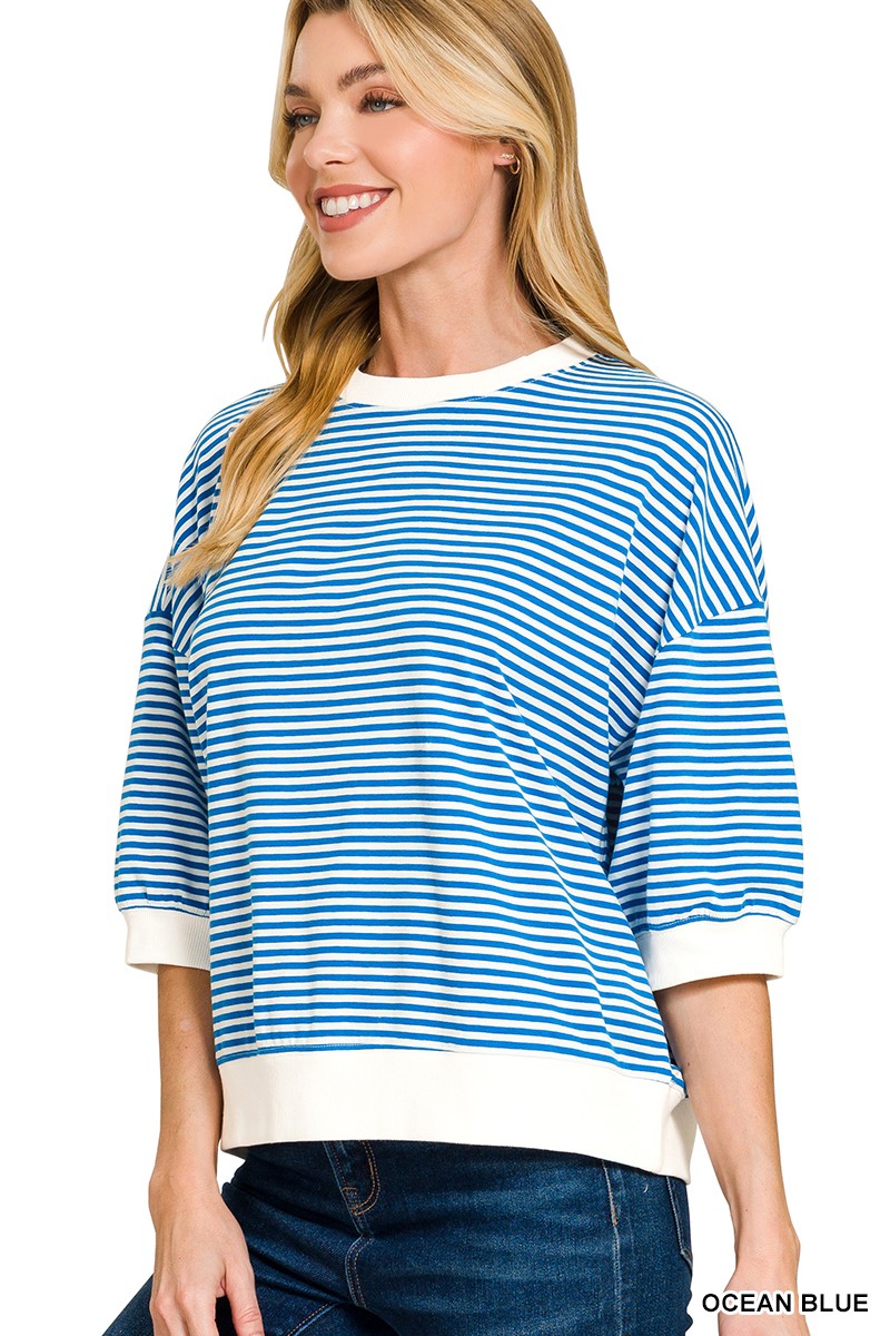 Striped Contrast Trim Banded Bottom Top- Ocean Blue