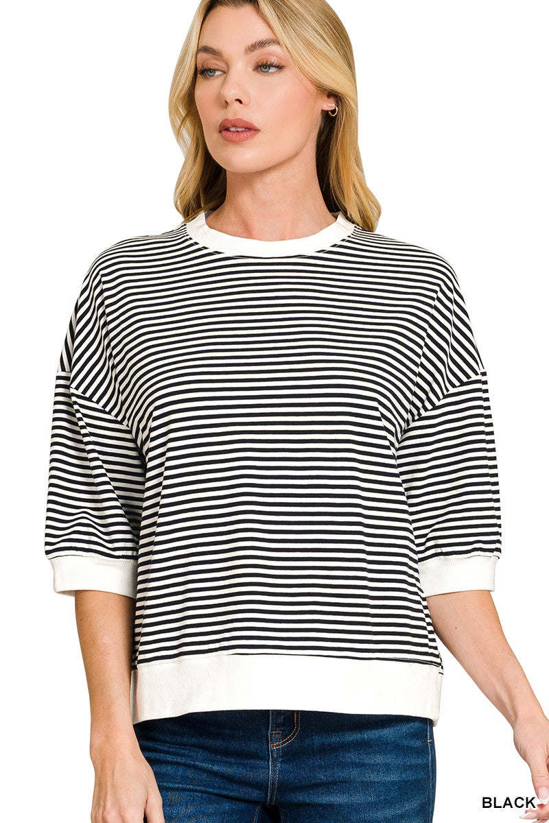 Striped Contrast Trim Banded Bottom Top- Black