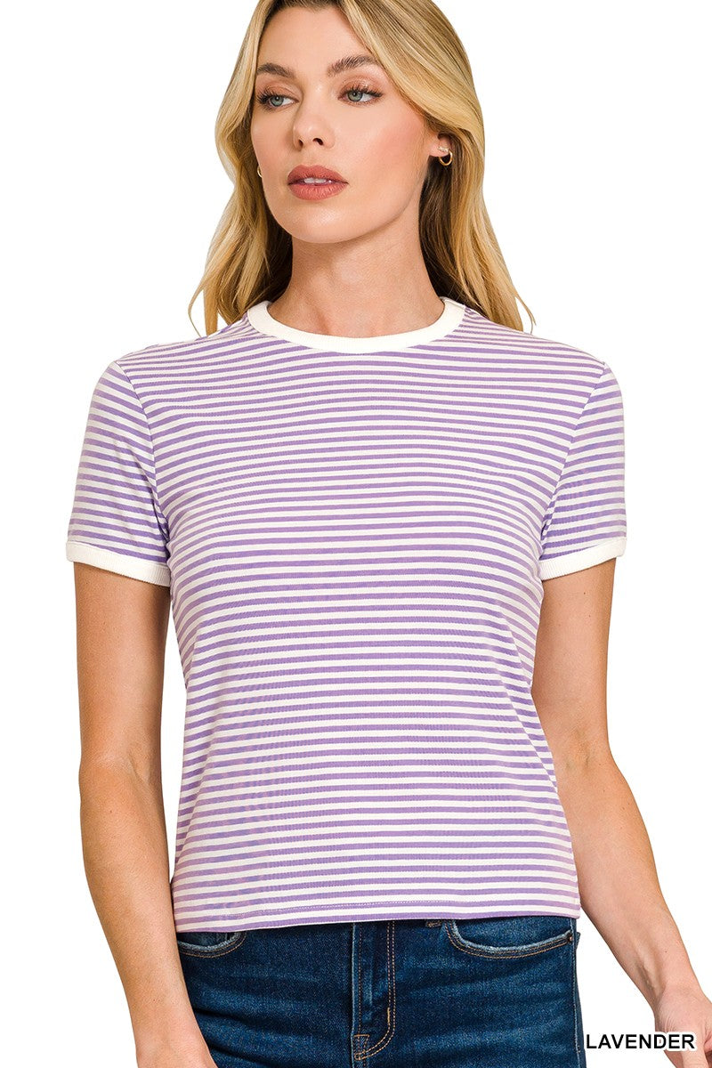Lavender Zenana Striped Contrast Trim Tee- CT-3507Y