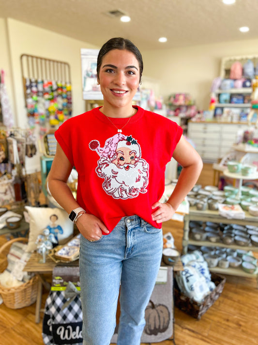 Red Short Sleeve Sweater with Vintage Santa