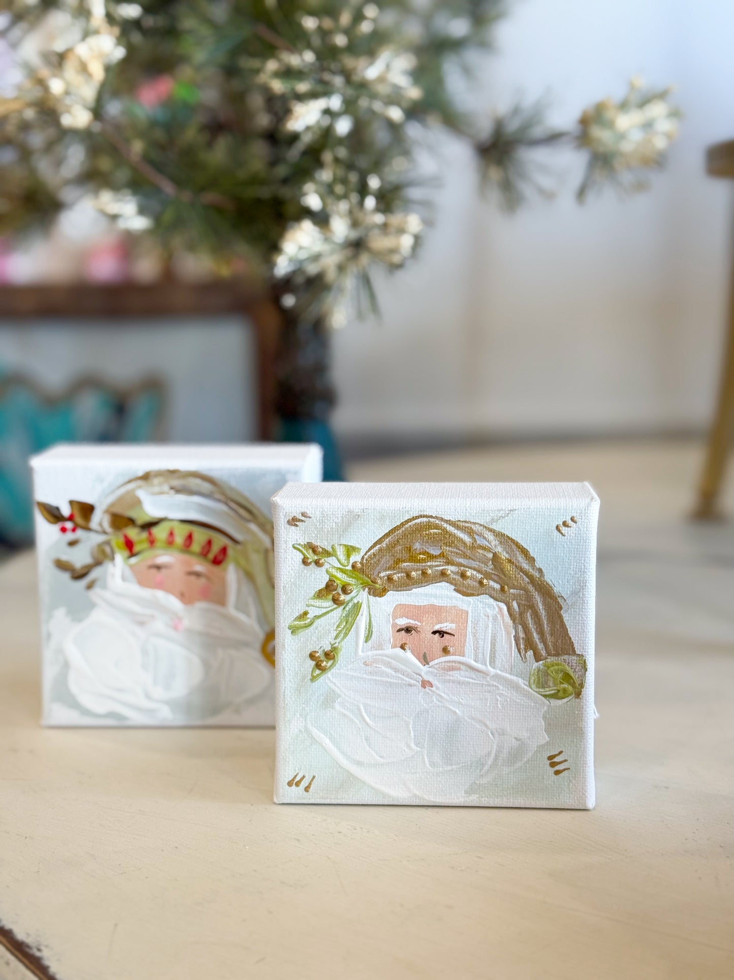 4x4 Sage/Light Blue Vintage Santa — Hand-Painted Art