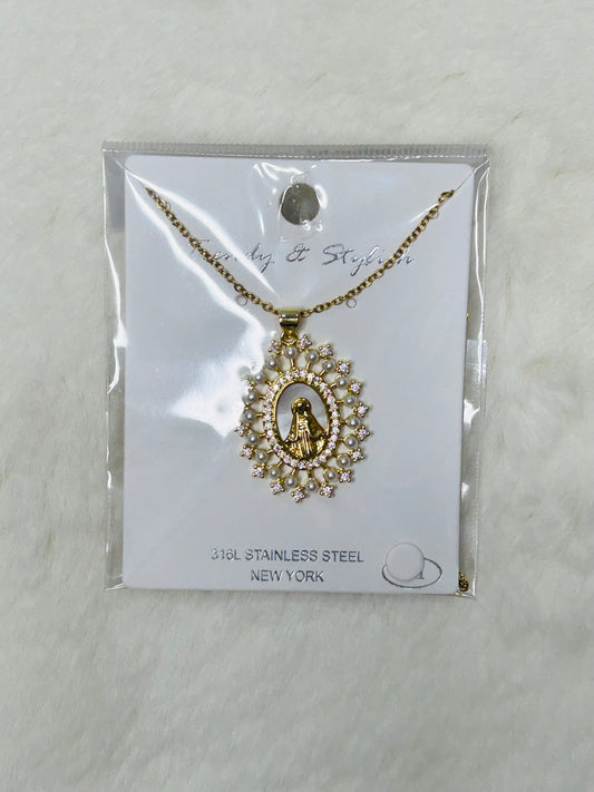 Miraculous Medal Pearls & Diamonds Gold Necklace