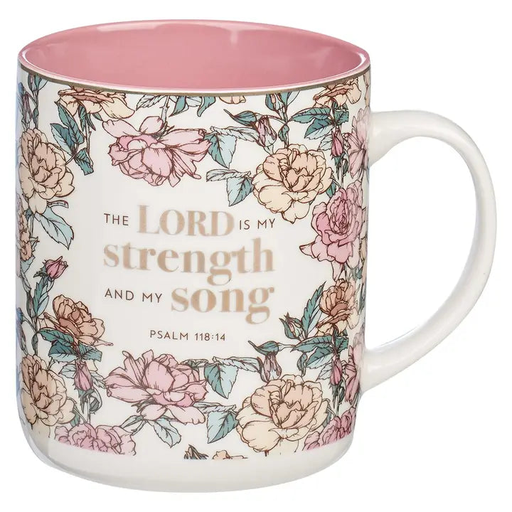 Mug- My White/Pink Roses Strength & My Song Ps. 118:14