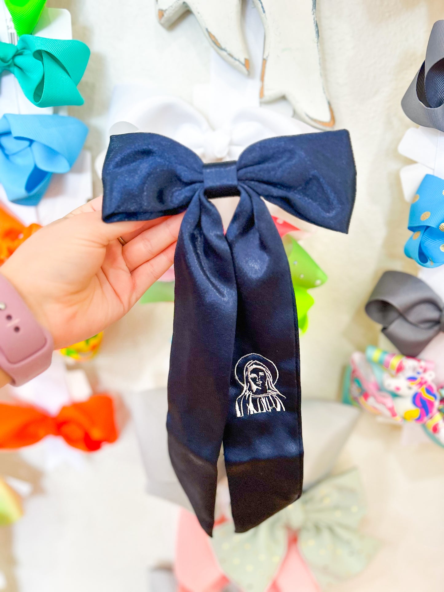 Savannah Navy with White Stitch Mother Mary Hairbow