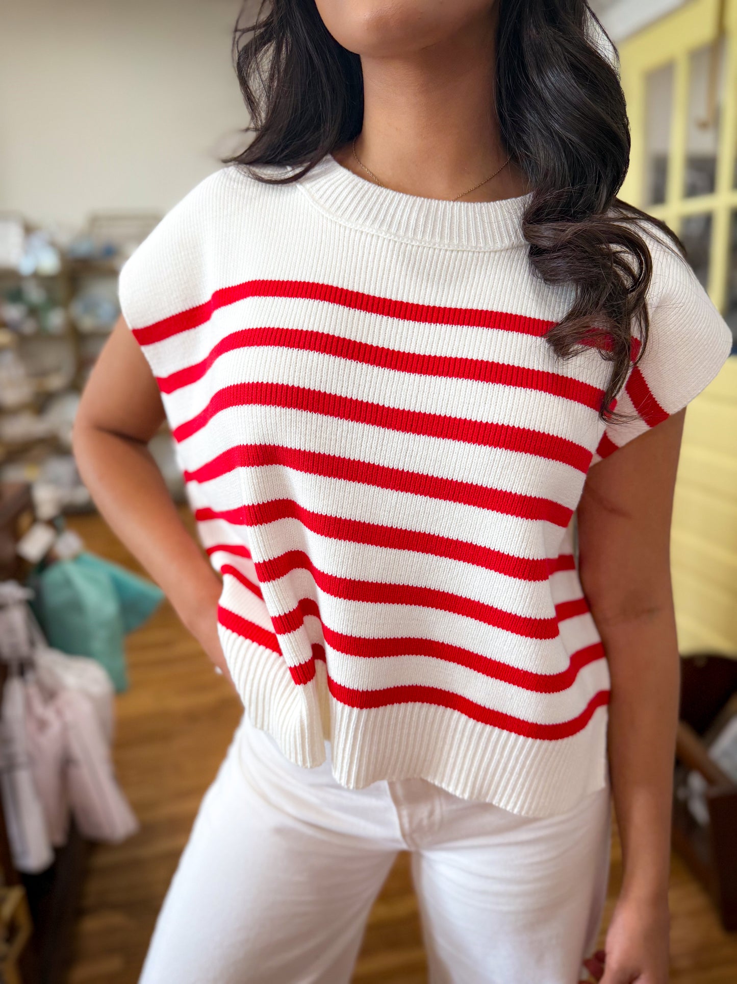 Oversized Crew Neck Stripe Sweater Vest- Red/White