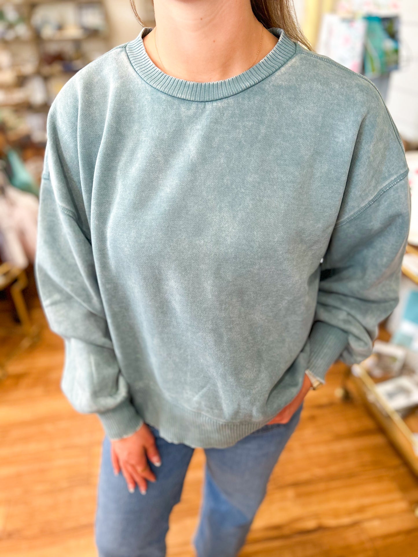 Acid Wash Fleece Oversized Pullover- Ash Blue