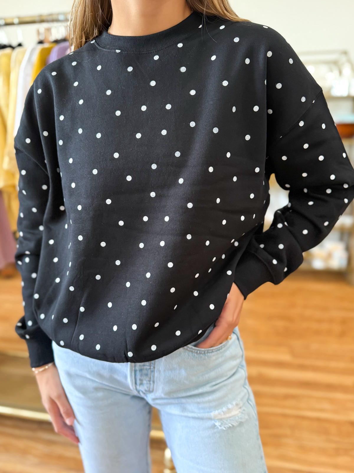 Fleece Babe Polka Dot Crew Neck Sweatshirt- Black
