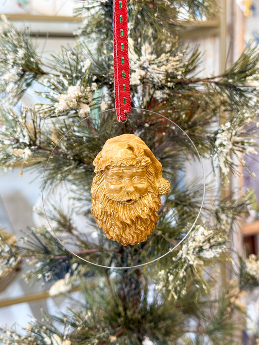 Vintage Jolly Santa Disk Ornament- Red Ribbon