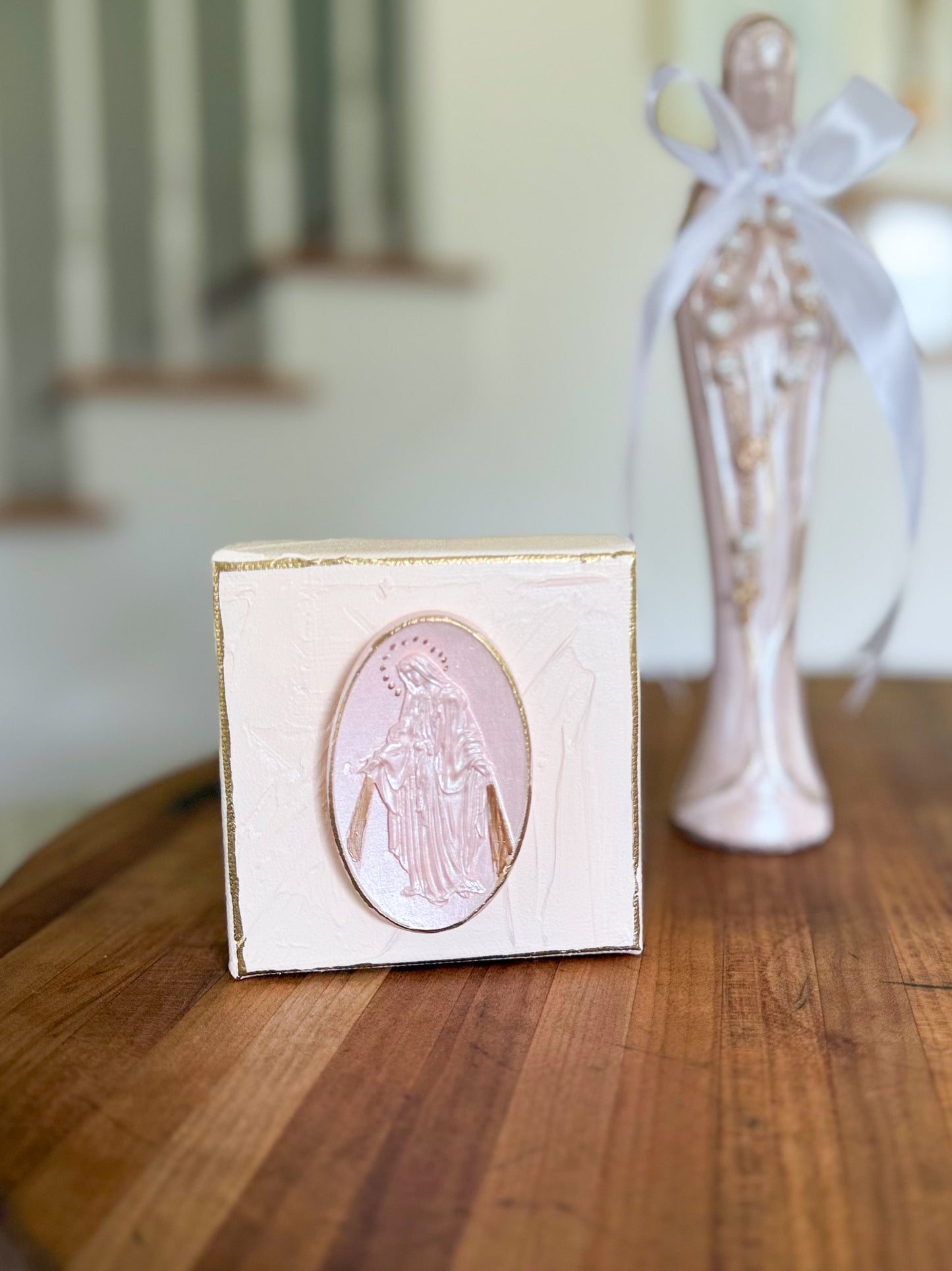 Our Lady of the Miraculous Medal on 4x4 Peach Canvas with Gold Accent
