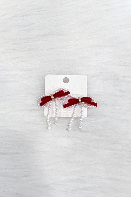 Red Christmas Bow Pearl Earrings