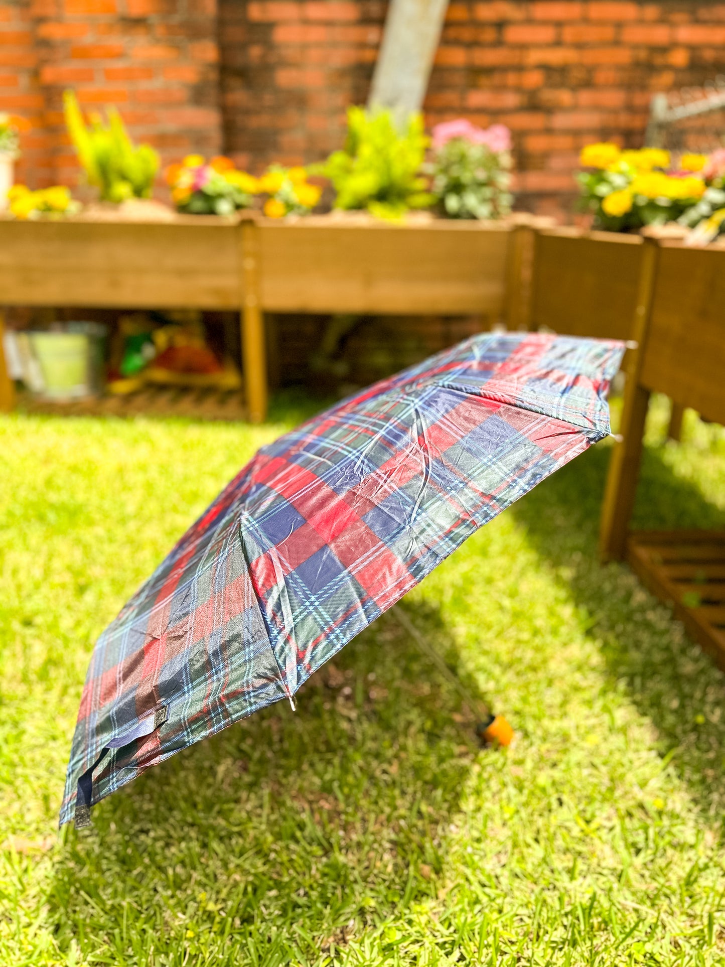 Blue Plaid Compact Umbrella