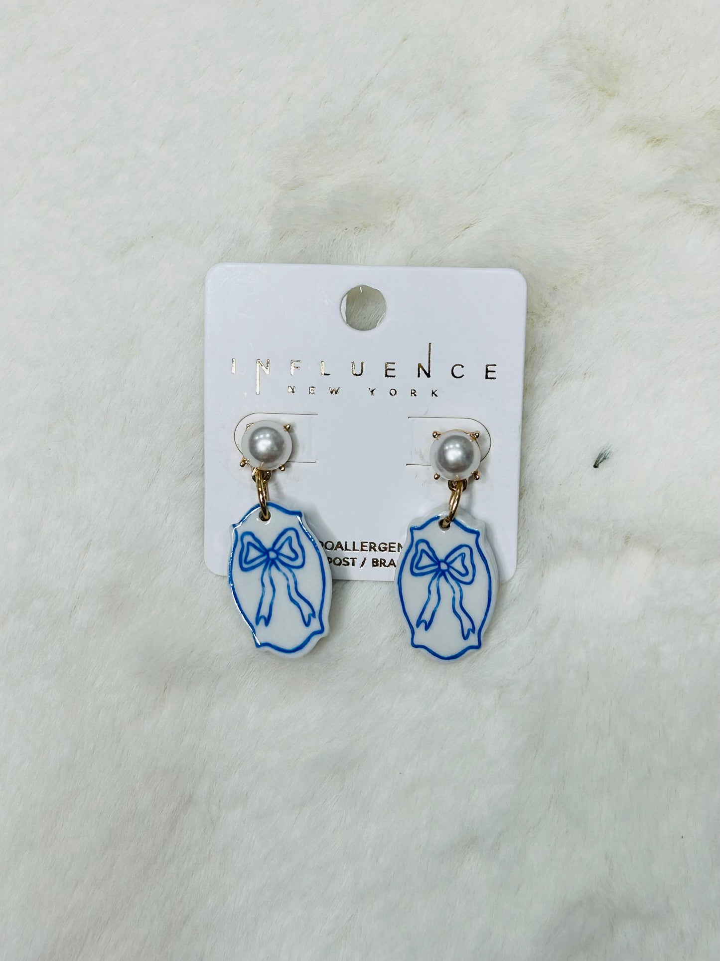 Madeline Pearl Blue Bow Watercolor Earrings