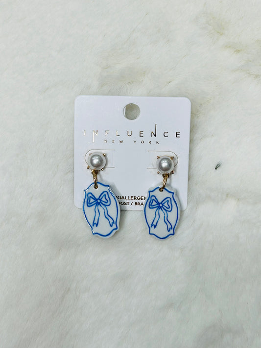 Madeline Pearl Blue Bow Watercolor Earrings