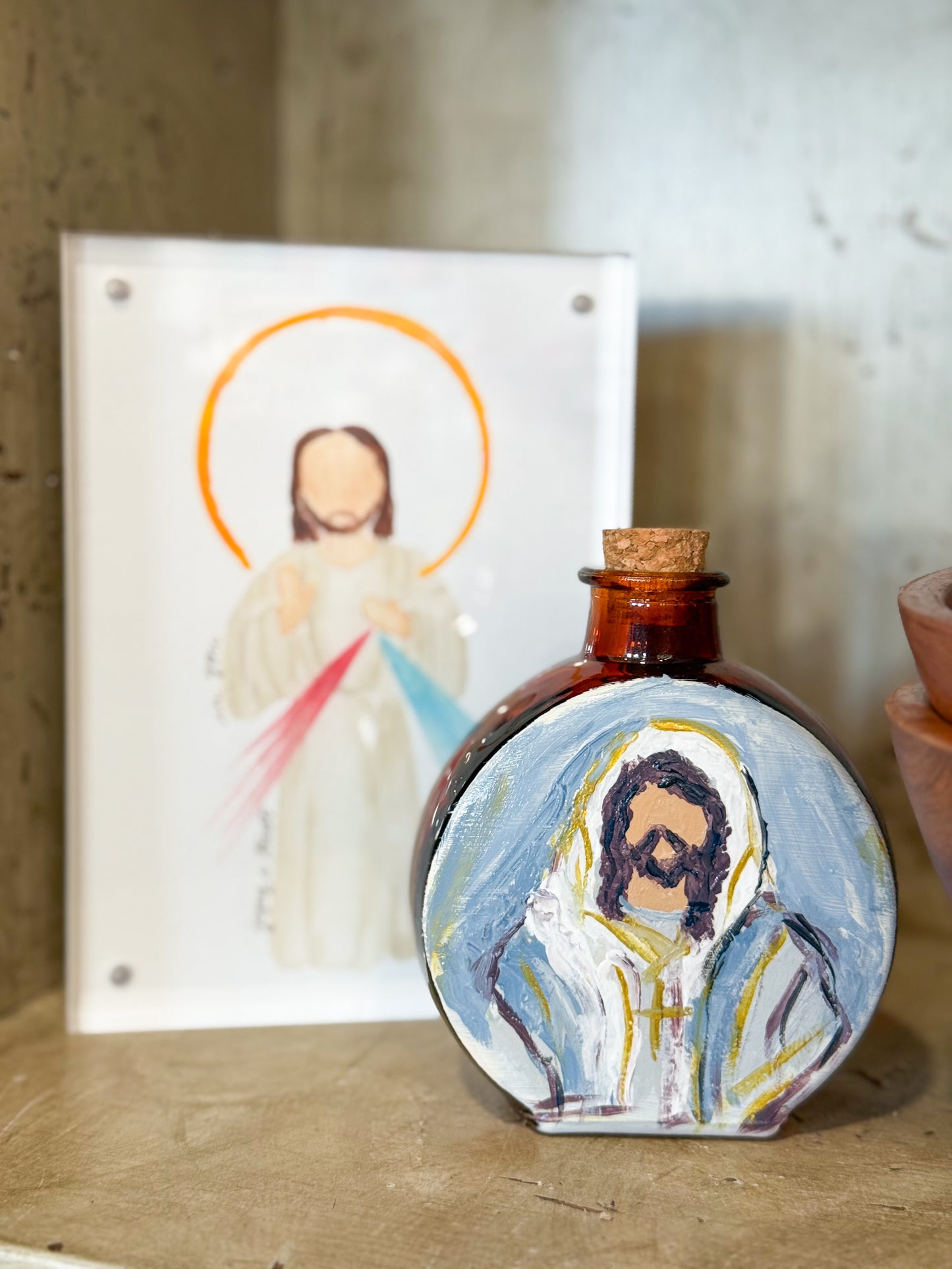 Christ the King Blessing Holy Water Container- Brown Glass