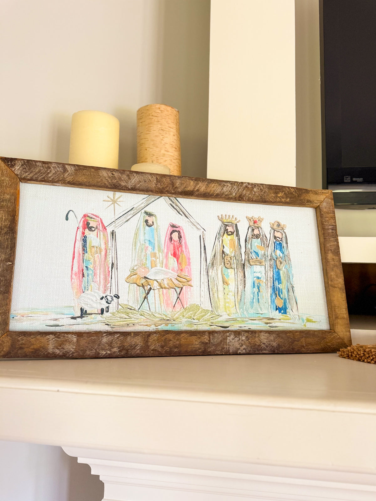 Divine Arrival Corlorful Nativity Framed Art 12x24