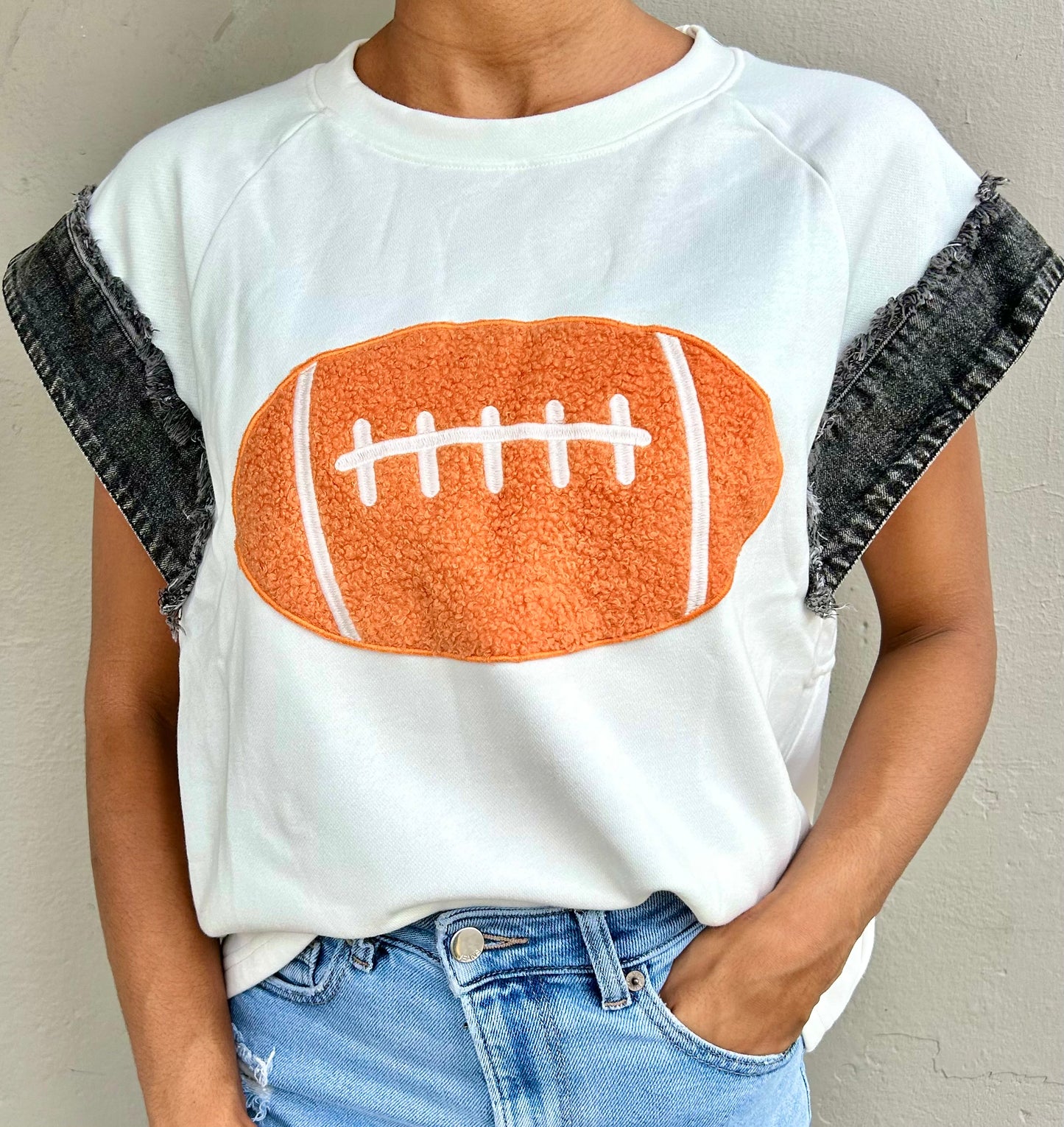 Football Patch French Terry Denim Trim Top