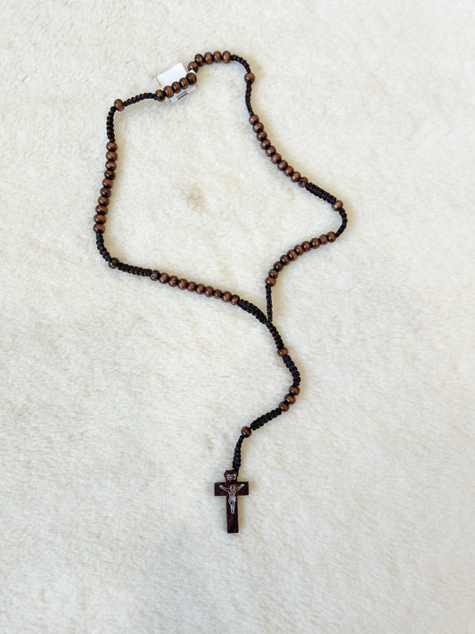 Dark Brown Wood Bead Rosary with Jesus Christ